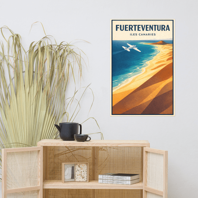 Affiche vintage Fuerteventura – Poster de voyage rétro, volcan et plage, Îles Canaries