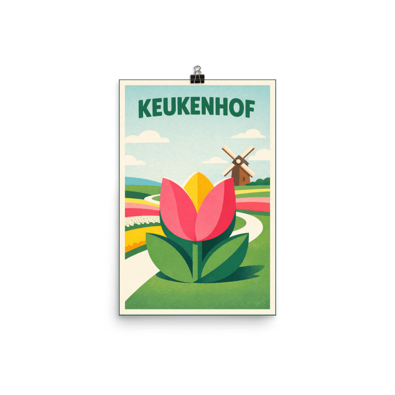 Affiche vintage Keukenhof – Poster de voyage rétro, tulipes, champs de fleurs, moulin, PAYS-BAS