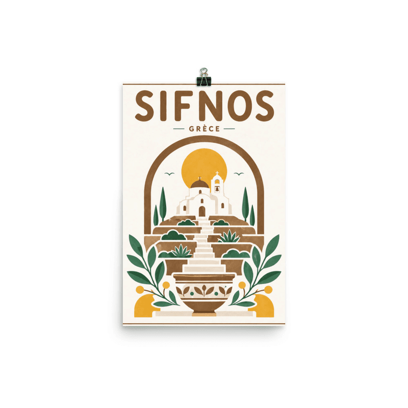 Affiche vintage Sifnos – Poster de voyage rétro, Église Dôme Marches Terracotta Poteries Cyclades, GRECE