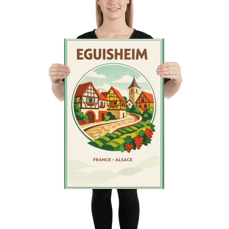 Affiche vintage Eguisheim – Poster de voyage rétro, Village alsacien, Vignoble, Haut-Rhin, Alsace, France