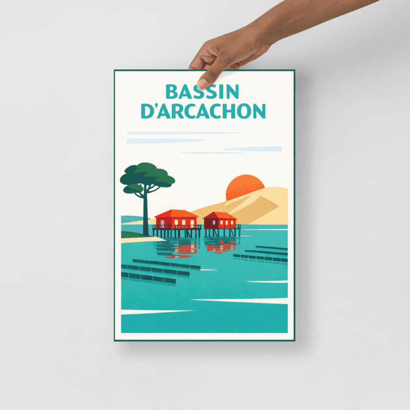 Affiche vintage Bassin d'Arcachon – Poster de voyage rétro, Cabanes, Tchanquées, Gironde, France