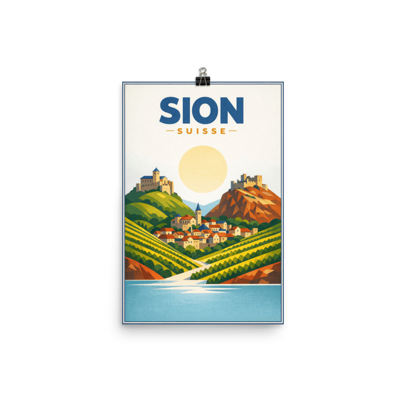 Affiche vintage Sion – Poster de voyage rétro, collines viticoles et château de Tourbillon, Valais, Suisse