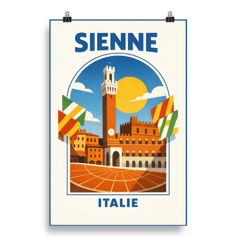 Affiche vintage Sienne – Poster de voyage rétro, Torre del Mangia, Palio, Piazza del Campo, Toscane, Italie