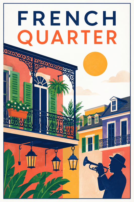 Affiche vintage French Quarter – Poster de voyage rétro, French Quarter, États-Unis, AMÉRIQUE DU NORD