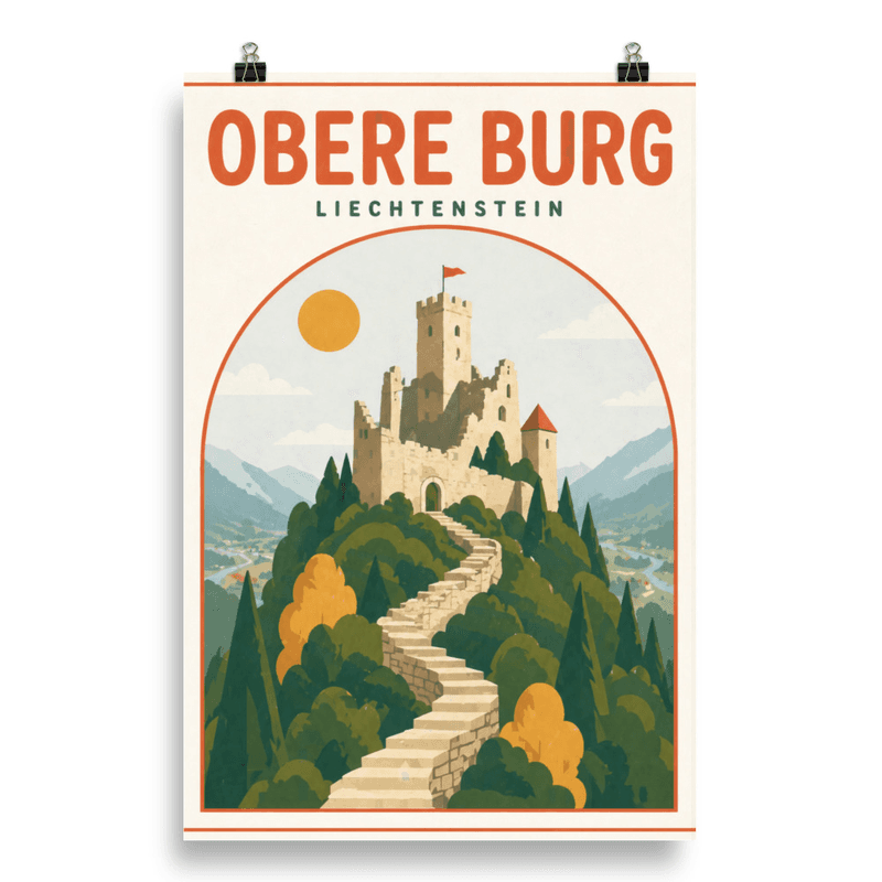 Affiche vintage Obere Burg – Poster de voyage rétro, Château Medie val et Montagnes, Liechtenstein