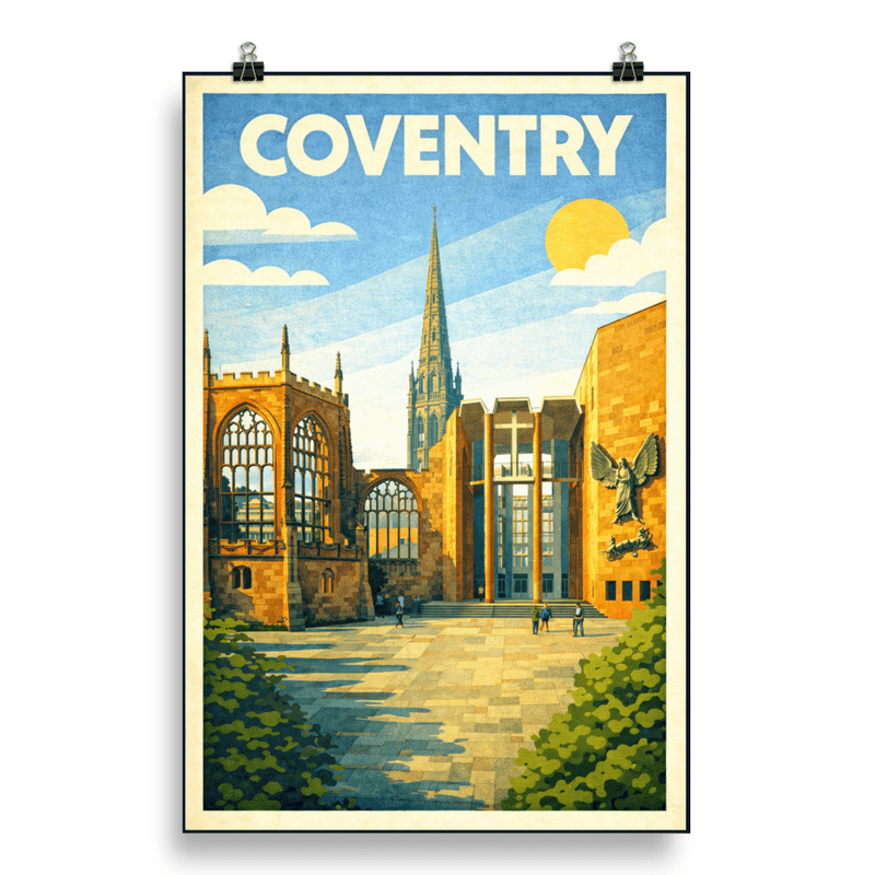 Affiche vintage Coventry – Poster de voyage rétro, cathédrale et ruines médiévales, Angleterre