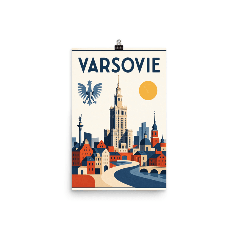 Affiche vintage Varsovie – Poster de voyage rétro, Aigle et Vieille Ville, POLOGNE