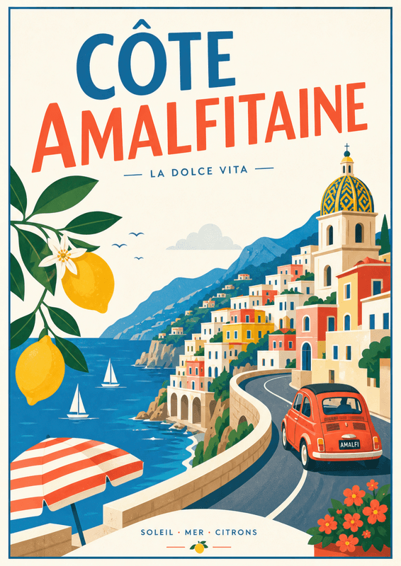 Affiche vintage Côte Amalfitaine – Poster de voyage rétro, Côte Amalfitaine, Italie, EUROPE