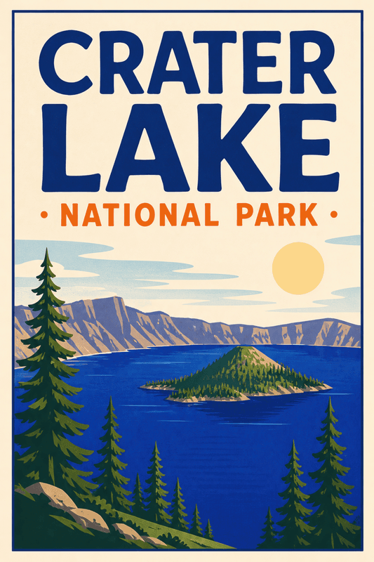 Affiche vintage Crater Lake National Park – Poster de voyage rétro, Crater Lake National Park, États-Unis, AMÉRIQUE DU NORD