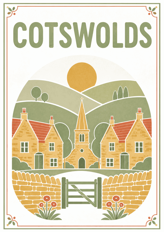 Affiche vintage Cotswolds – Poster de voyage rétro, Cotswolds, Royaume-Uni, EUROPE