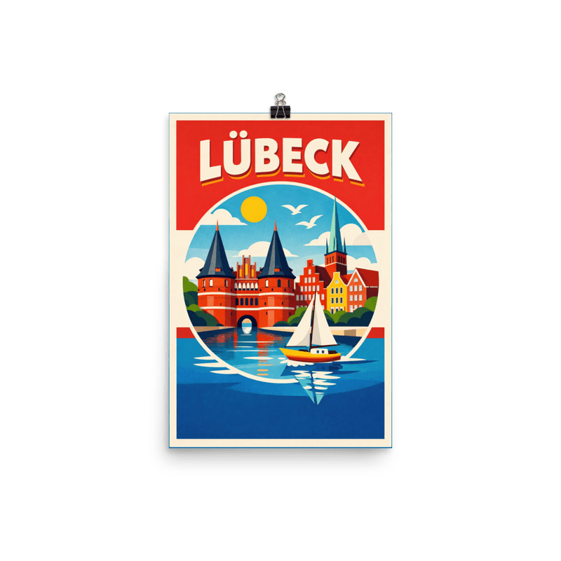 Affiche vintage Lübeck – Poster de voyage rétro, Porte Holstentor et Trave, ALLEMAGNE