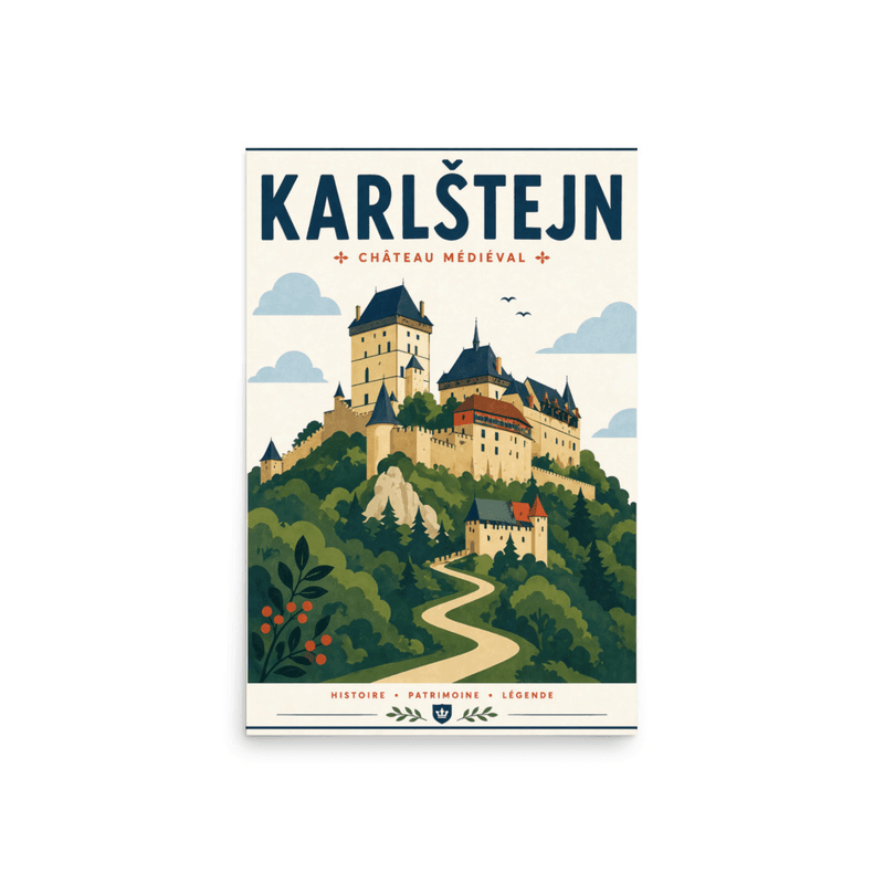 Affiche vintage Karlštejn – Poster de voyage rétro, Château Médiéval et Forêt, TCHEQUIE
