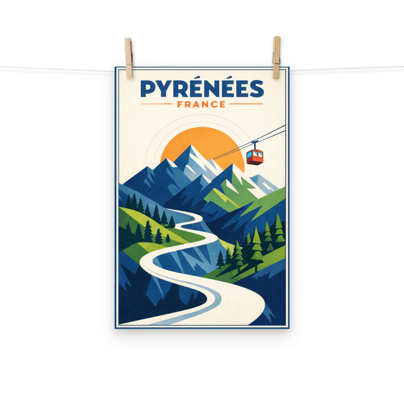 Affiche vintage Pyrénées – Poster de voyage rétro, route de montagne, téléphérique, forêt, Midi-Pyrénées, France