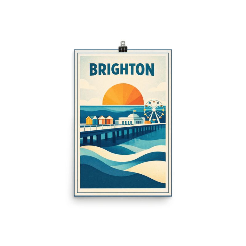 Affiche vintage Brighton – Poster de voyage rétro, pier et grande roue au coucher de soleil, Angleterre