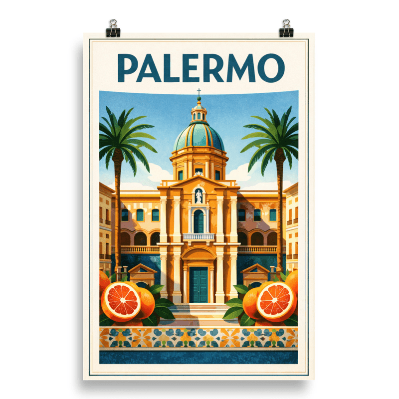 Affiche vintage Palermo – Poster de voyage rétro, Marché Ballarò, Agrumes, Sicile, Italie