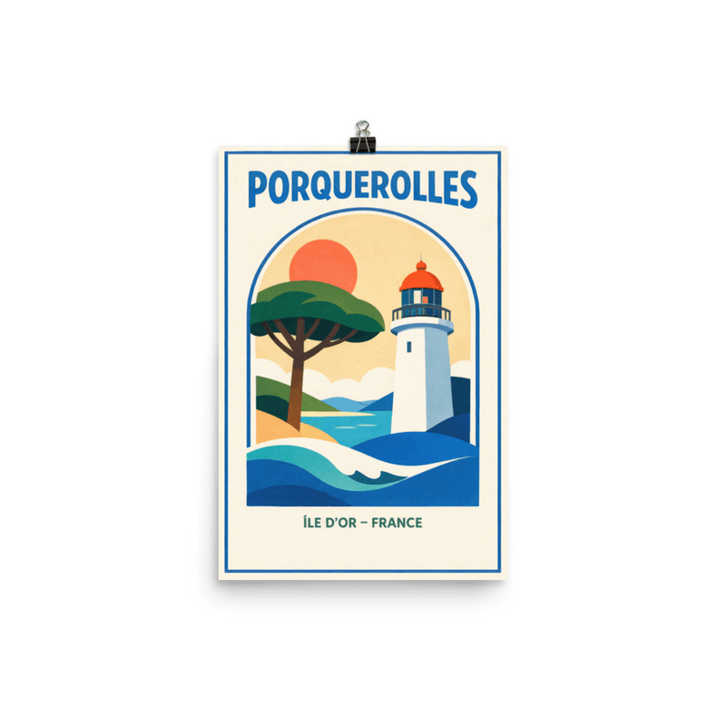Affiche vintage Porquerolles – Poster de voyage rétro, phare, Île d'Or, Méditerranée, Provence, France