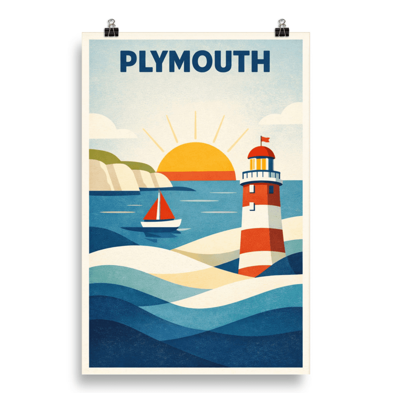 Affiche vintage Plymouth – Poster de voyage rétro, phare et côte maritime, Angleterre