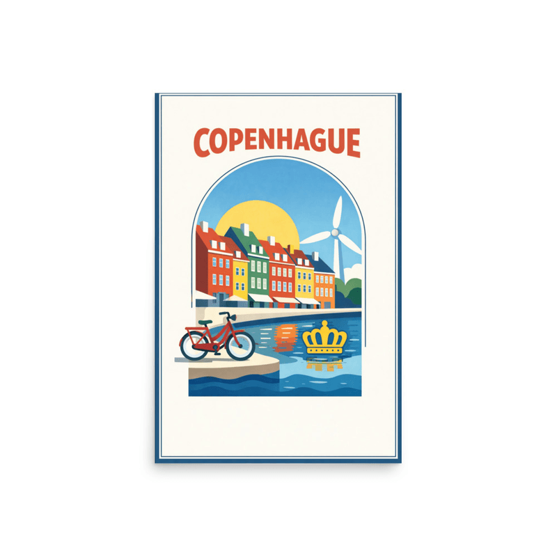 Affiche vintage Copenhague – Poster de voyage rétro, Nyhavn, vélo, couronne, éolienne, DANEMARK