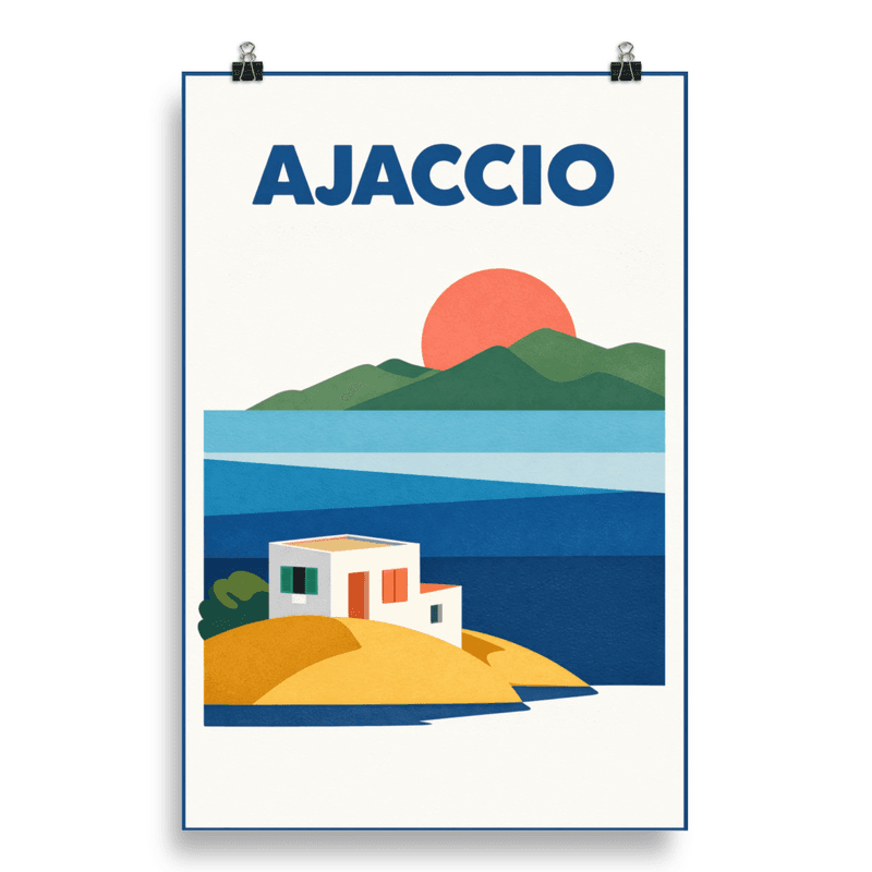 Affiche vintage Ajaccio – Poster de voyage rétro, golfe, maisons blanches, soleil, CORSE
