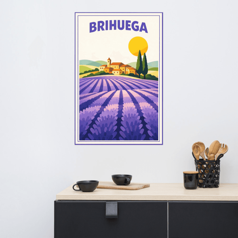 Affiche vintage Brihuega – Poster de voyage rétro, Village de Lavande, Castille-La Mancha, Espagne