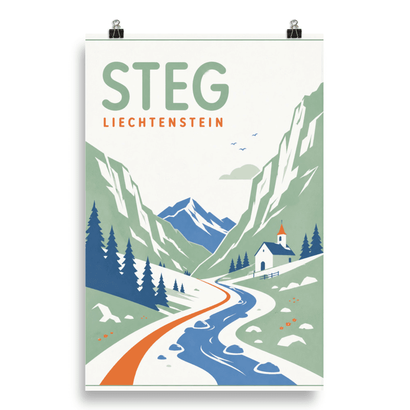 Affiche vintage Steg – Poster de voyage rétro, Vallée Alpine et Église, Liechtenstein