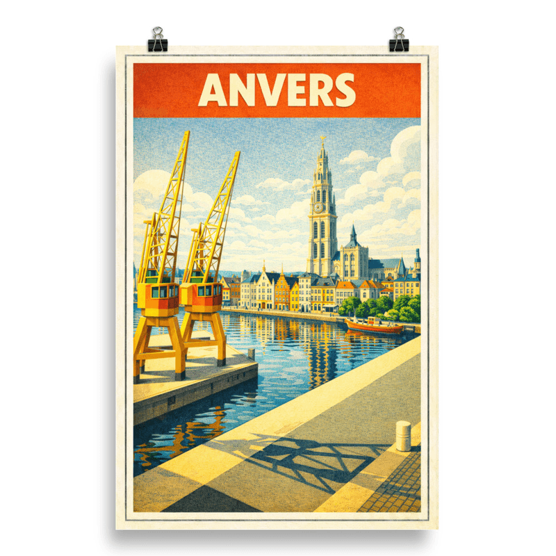 Affiche vintage Anvers – Poster de voyage rétro, port et cathédrale Notre-Dame, Belgique