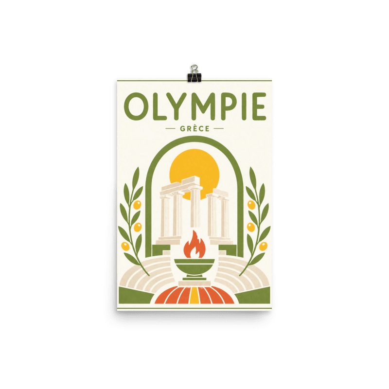 Affiche vintage Olympie – Poster de voyage rétro, Colonnes Antiques Flamme Olympique Lauriers, GRECE