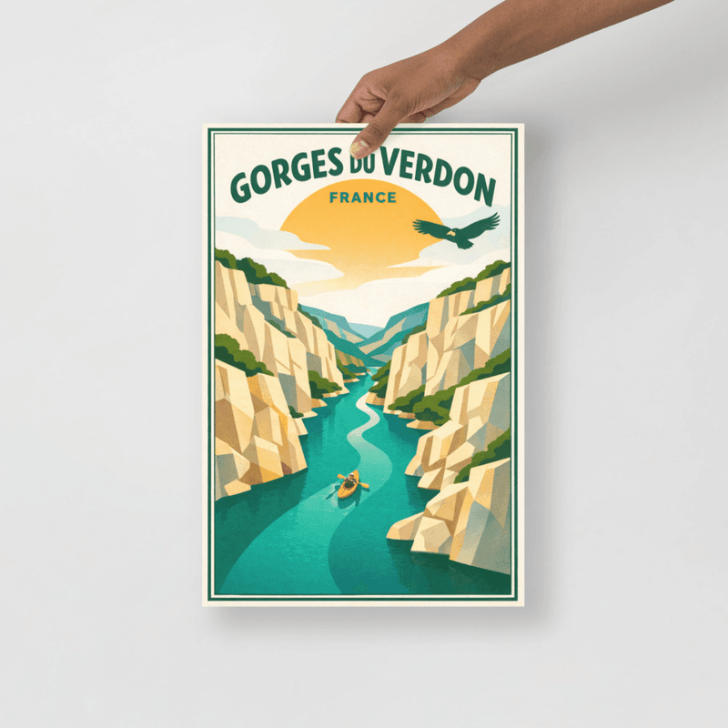 Affiche vintage Gorges du Verdon – Poster de voyage rétro, eaux turquoise, canoë, canyon, Provence, France