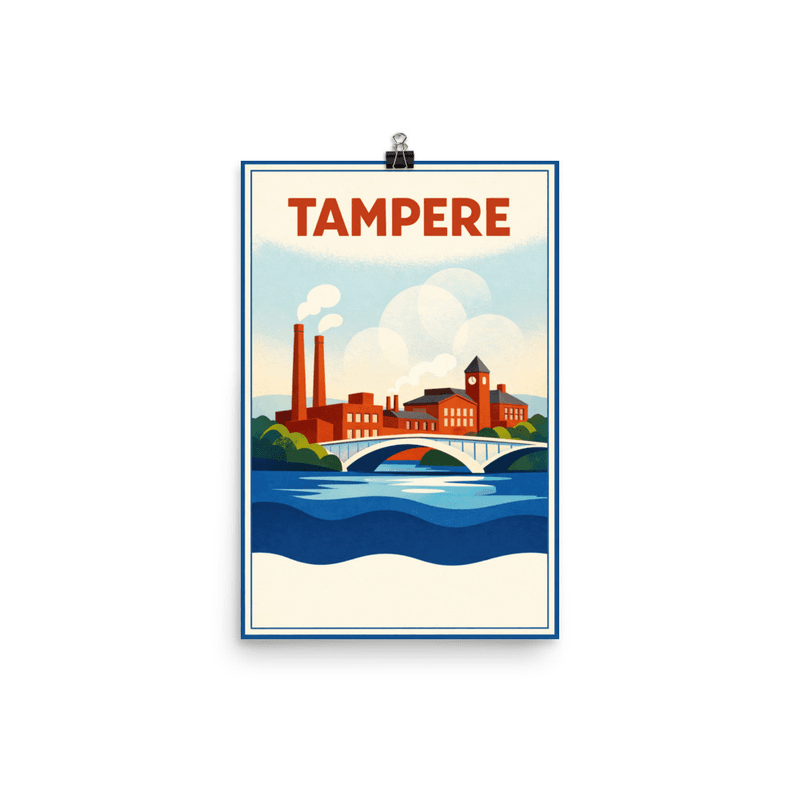 Affiche vintage Tampere – Poster de voyage rétro, Usines et Pont sur Rivière, FINLANDE
