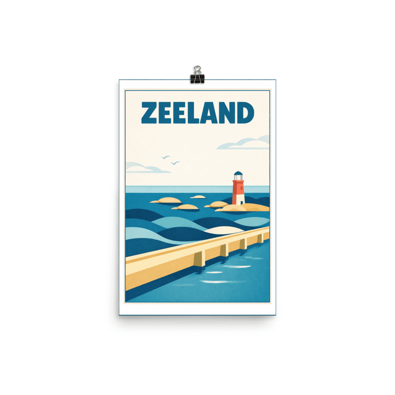 Affiche vintage Zeeland – Poster de voyage rétro, phare, digue, mer du Nord, PAYS-BAS