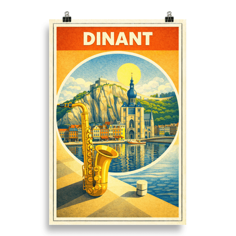 Affiche vintage Dinant – Poster de voyage rétro, citadelle et saxophone, Belgique