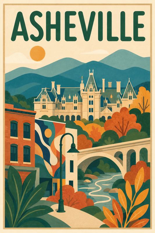 Affiche vintage Asheville – Poster de voyage rétro, Asheville, États-Unis, AMÉRIQUE DU NORD