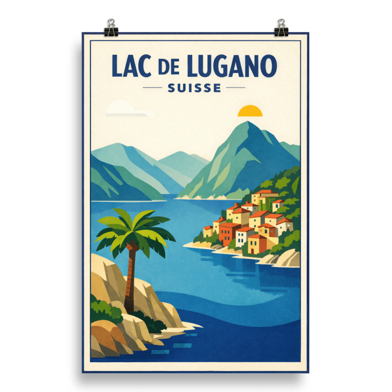 Affiche vintage Lac de Lugano – Poster de voyage rétro, lac et montagnes tessinoises, Suisse