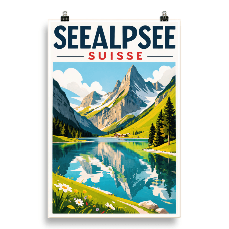 Affiche vintage Seealpsee – Poster de voyage rétro, lac Seealpsee et vallées alpines, Alpes appenzelloises, Suisse