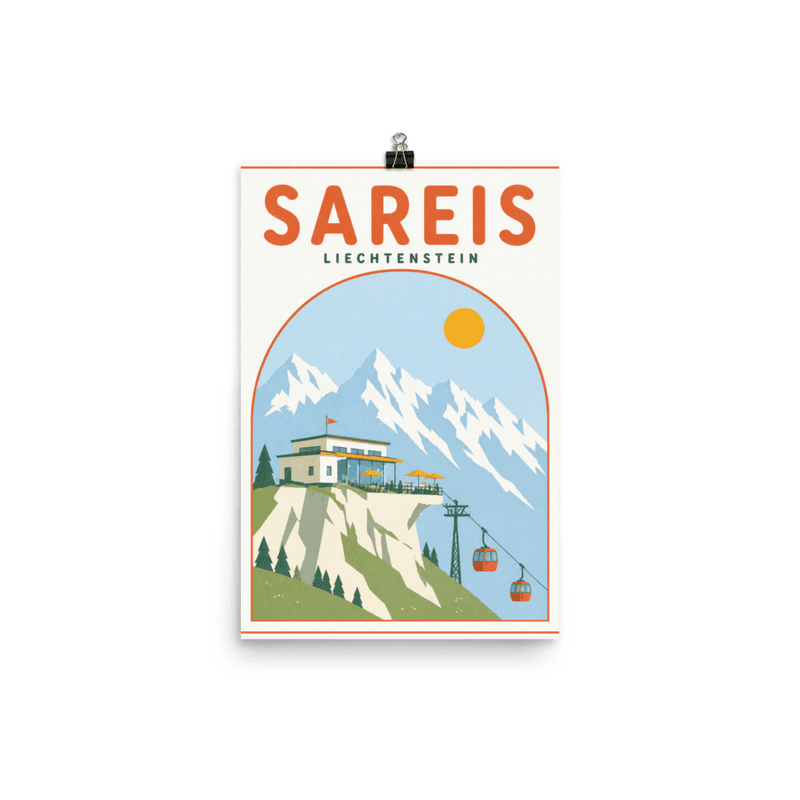Affiche vintage Sareis – Poster de voyage rétro, Téléphérique Station Montagne, Liechtenstein