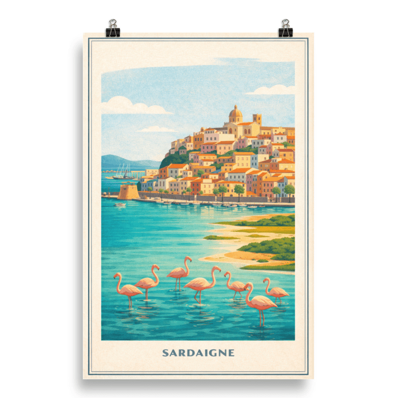 Affiche vintage Sardaigne – Poster de voyage rétro, Flamants roses, Village côtier, Mer turquoise, Italie
