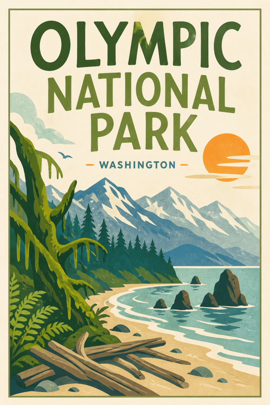 Affiche vintage Olympic National Park – Poster de voyage rétro, Olympic National Park, États-Unis, AMÉRIQUE DU NORD