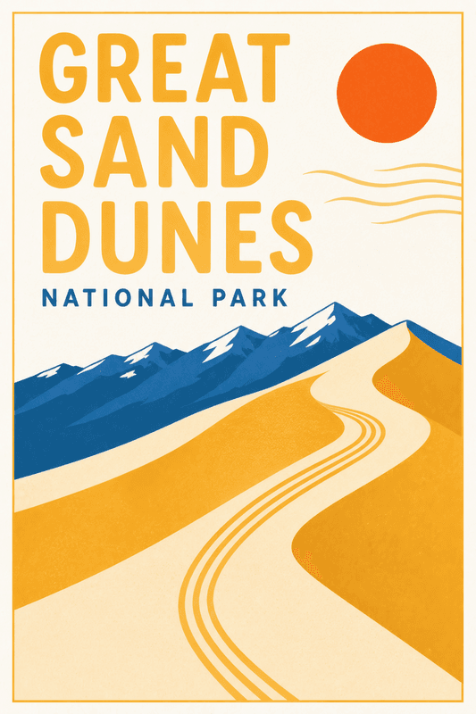 Affiche vintage Great Sand Dunes National Park – Poster de voyage rétro, Great Sand Dunes National Park, États-Unis, AMÉRIQUE DU NORD