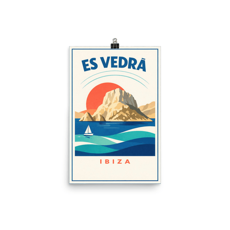 Affiche vintage Es Vedrà Ibiza – Poster de voyage rétro, Rocher sacré, Baléares, Espagne