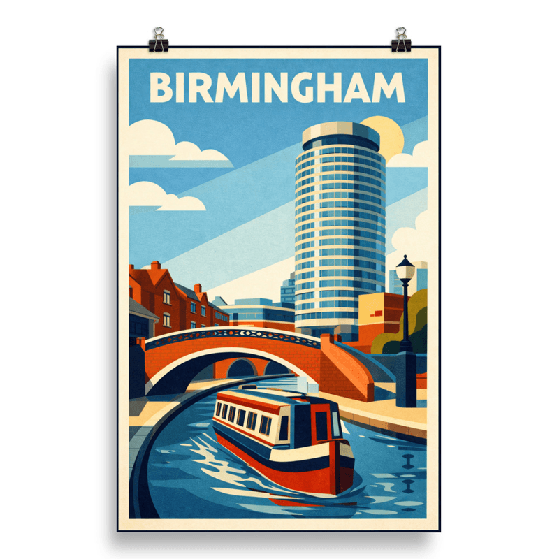 Affiche vintage Birmingham – Poster de voyage rétro, canaux et Rotunda Tower, Angleterre