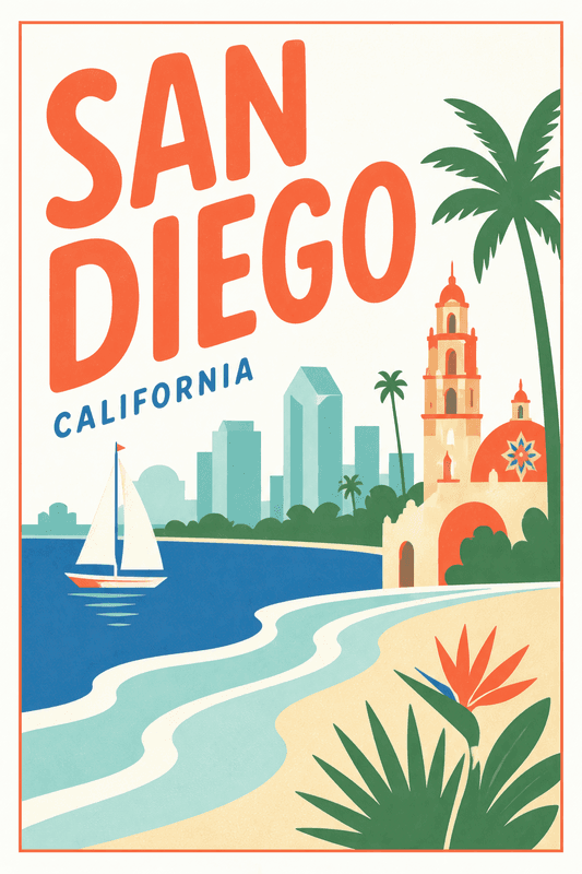 Affiche vintage San Diego – Poster de voyage rétro, San Diego, États-Unis, AMÉRIQUE DU NORD