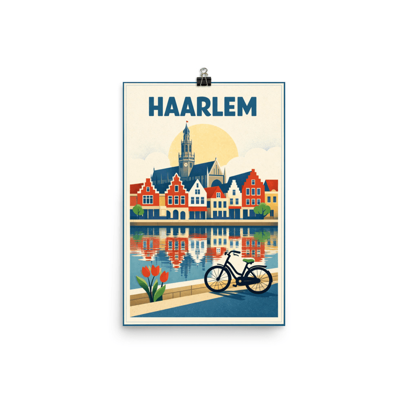 Affiche vintage Haarlem – Poster de voyage rétro, cathédrale, canal, tulipes, PAYS-BAS