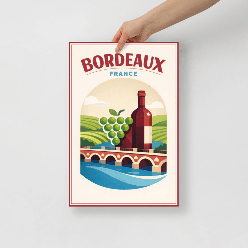 Affiche vintage Bordeaux – Poster de voyage rétro, Vignobles, Pont de Pierre, Gironde, France