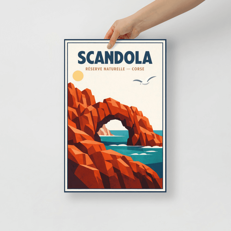 Affiche vintage Scandola – Poster de voyage rétro, réserve naturelle, falaises, mer, Corse, France