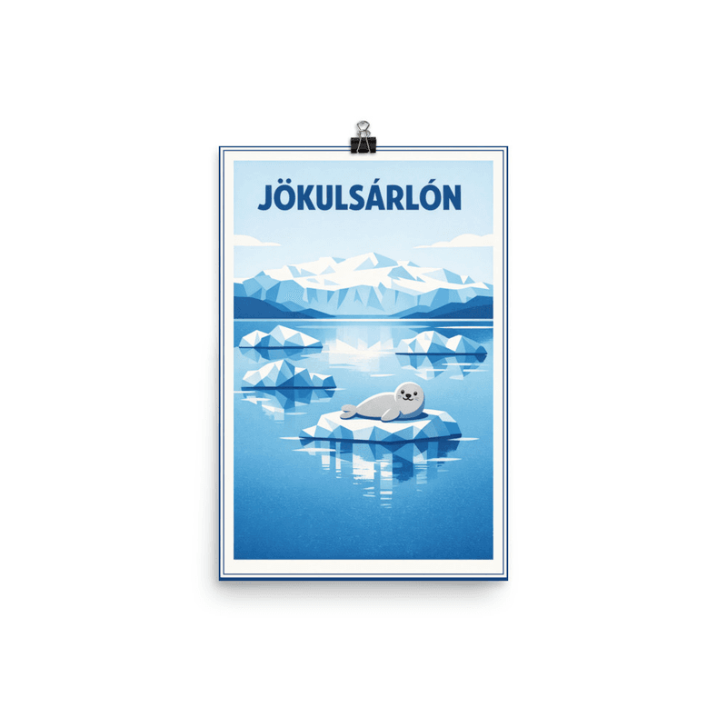 Affiche vintage Jökulsárlón – Poster de voyage rétro, Lac Glaciaire et Phoques, Iceland