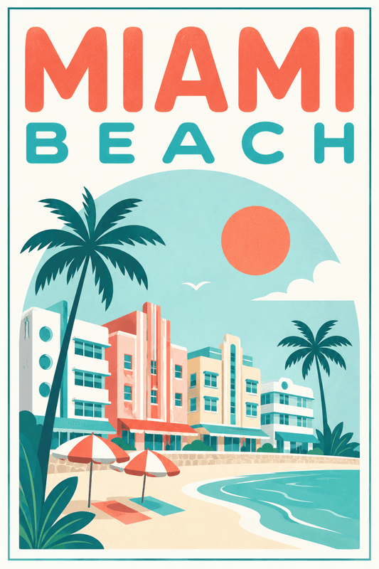 Affiche vintage Miami Beach – Poster de voyage rétro, Miami Beach, États-Unis, AMÉRIQUE DU NORD