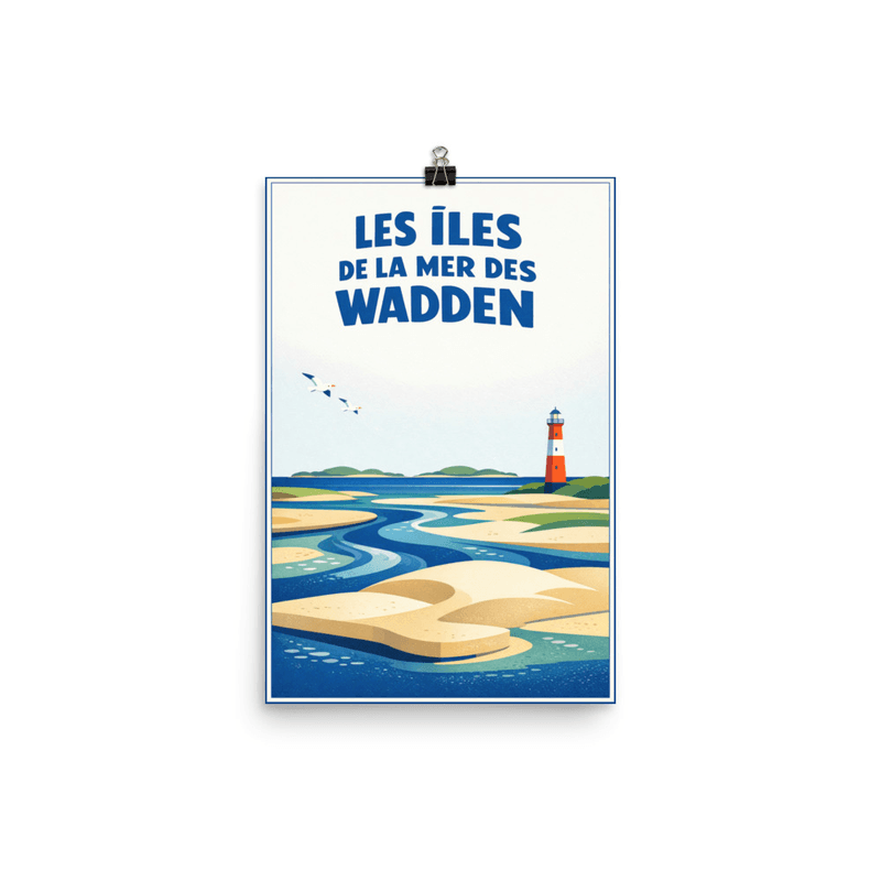 Affiche vintage Îles de la Mer des Wadden – Poster de voyage rétro, phare, dunes, oiseaux, PAYS-BAS