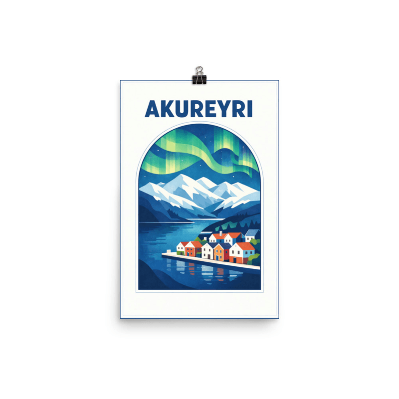 Affiche vintage Akureyri – Poster de voyage rétro, Aurores Boréales et Fjord, Iceland