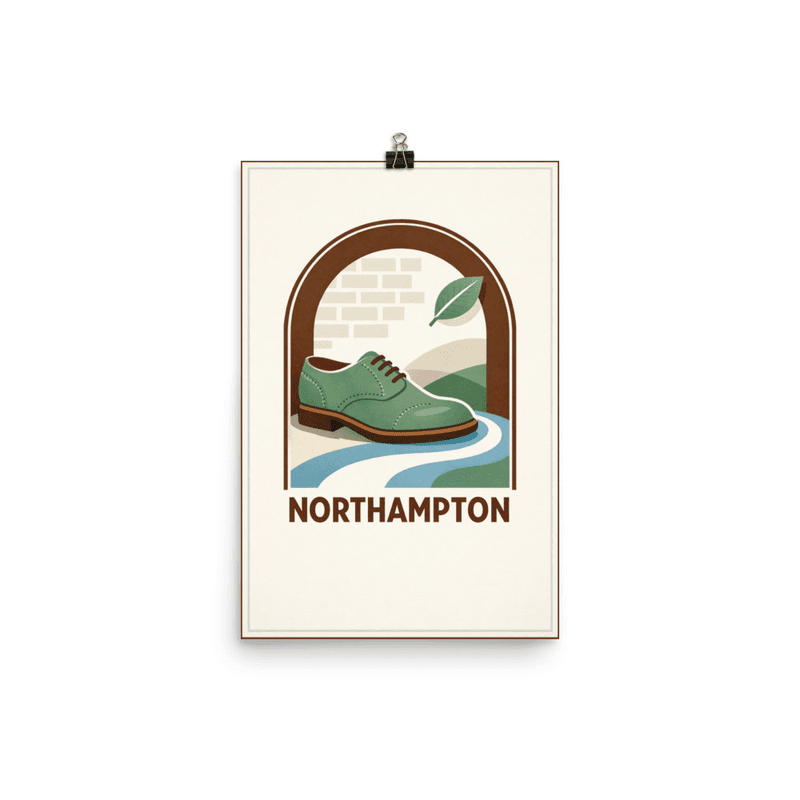 Affiche vintage Northampton – Poster de voyage rétro, chaussure artisanale et arche de briques, Angleterre