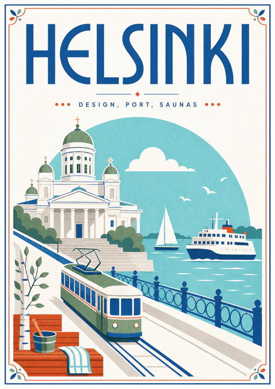 Affiche vintage Helsinki – Poster de voyage rétro, Helsinki, Finlande, EUROPE